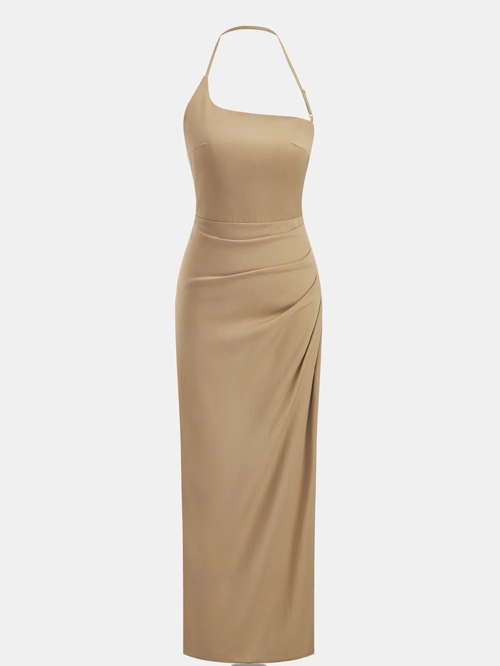 Commense One-Shoulder Ruched Maxi Dress in Tan /Khaki Size L